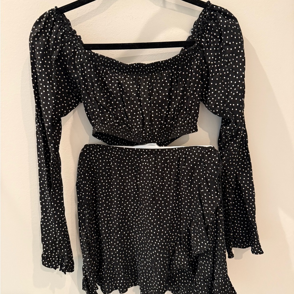 Brandy Melville Black Polka Dot Off Shoulder Ruffle Long Sleeve Top Skirt Set XS